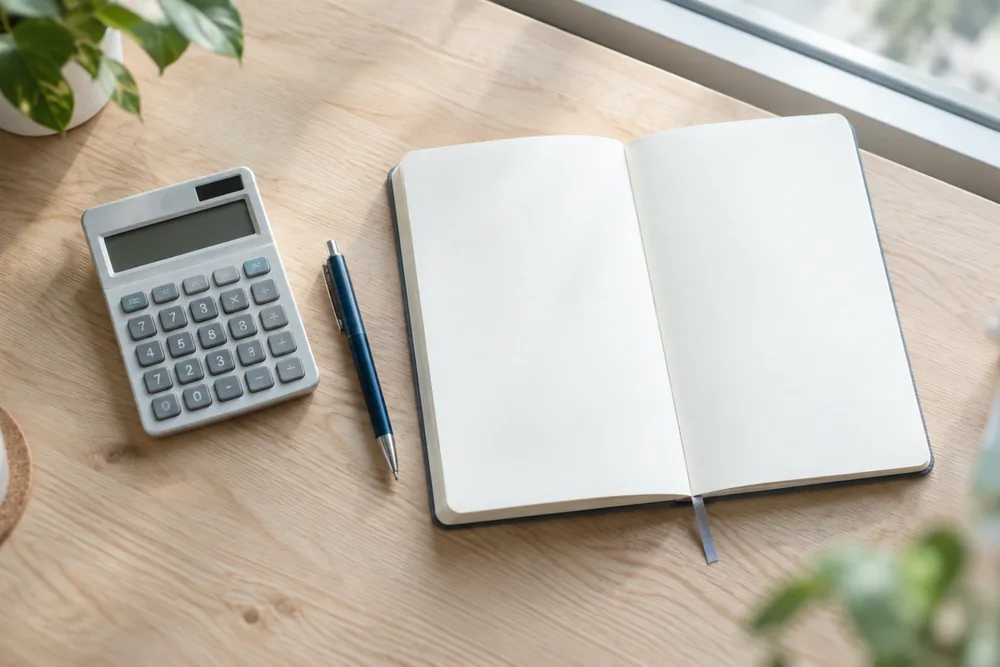 책상 위 계산기와 빈 노트로 주휴수당을 직접 계산하는 모습